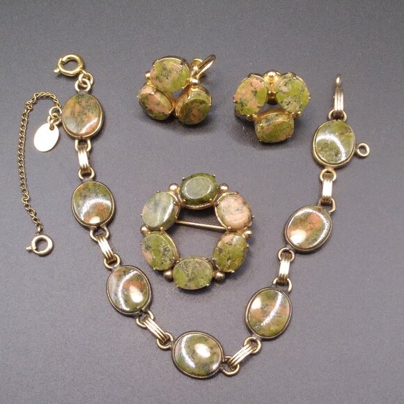 Vintage Burt Cassell Unakite Semi Precious Brooch,Bracelet and Earrings Set 1/20 - Picture 1 of 7